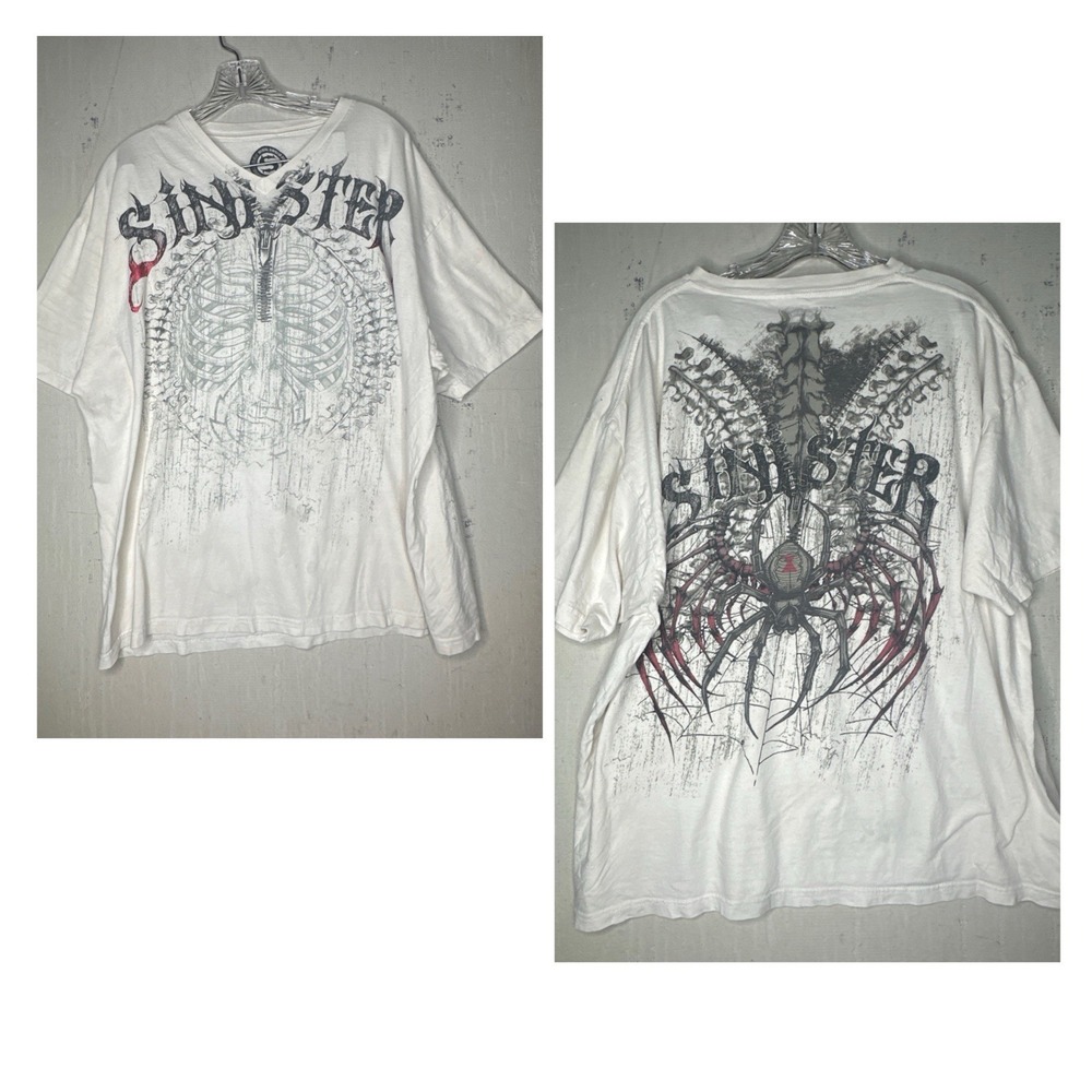 Sinister Y2K Style Graphic Skeleton Print V-Neck Tee Shirt | Tagged Size: XXL